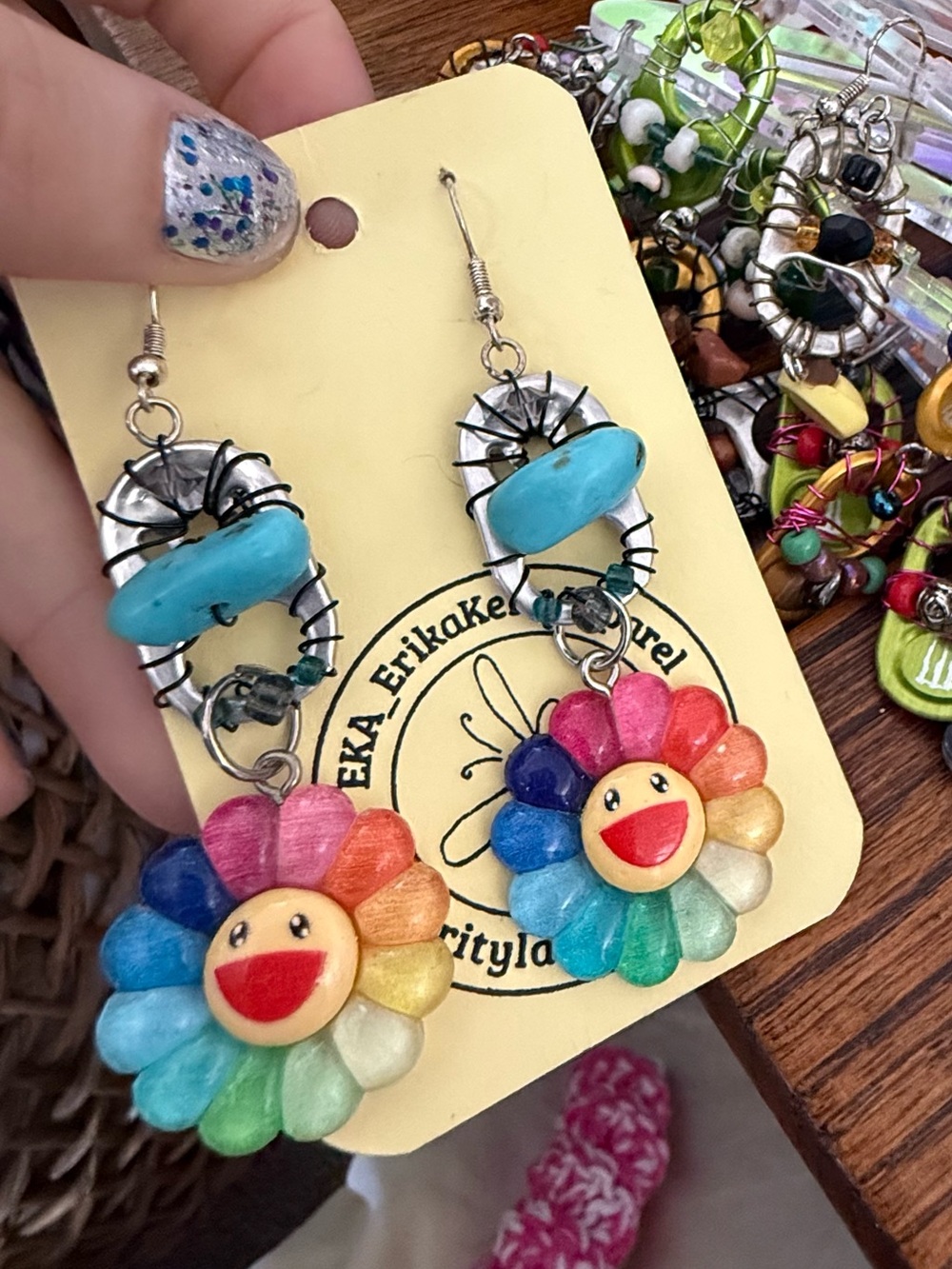 Real Stones & Glass Beads Handmade Upcycled Earrings Colorful Smiley Flowers - Picture 2 of 3